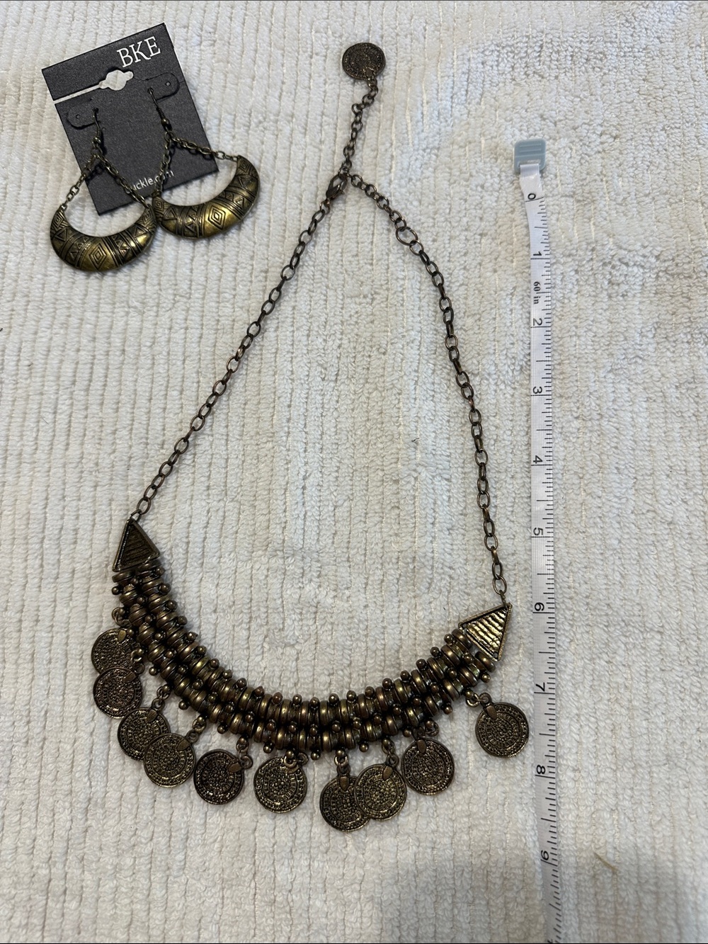 BKE Bronze-Tone Coin Bib Necklace with Beaded Fringe with earrings.